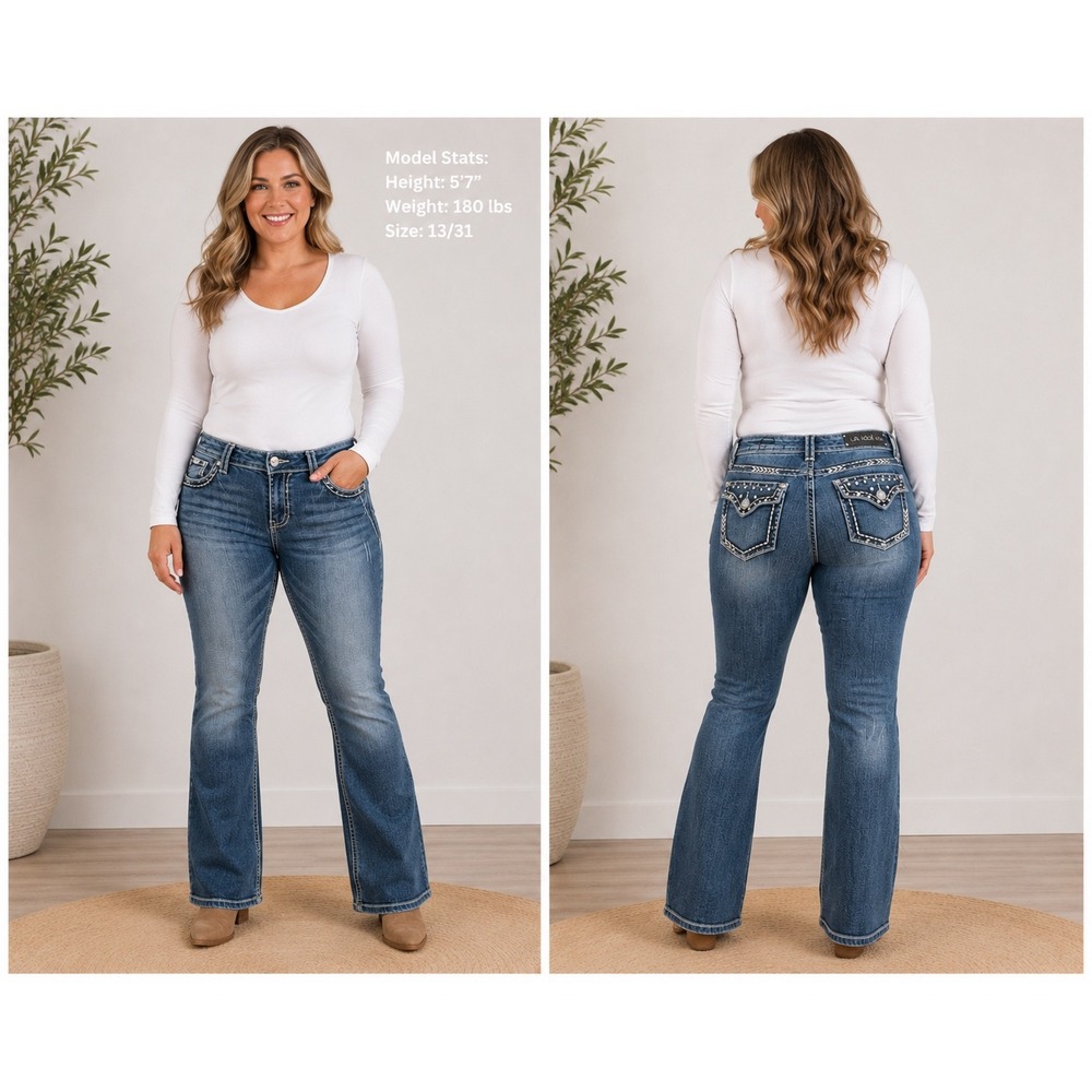 LA Idol USA Womens Bootcut Jeans Size 13 Medium Wash Rhinestone Flap Pocket Y2K